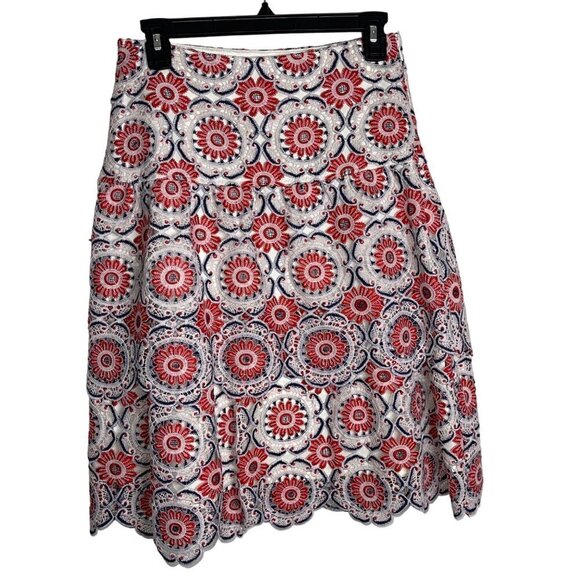 Eva Franco Skirt Size XS Red Blue White Brynn Embroidered Lace Cotton Blend